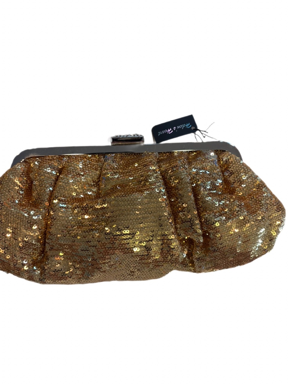 Helen Heart Gold Sequin Evening Clutch Bag NWT Glam Rhinestone Clasp - Picture 8 of 9